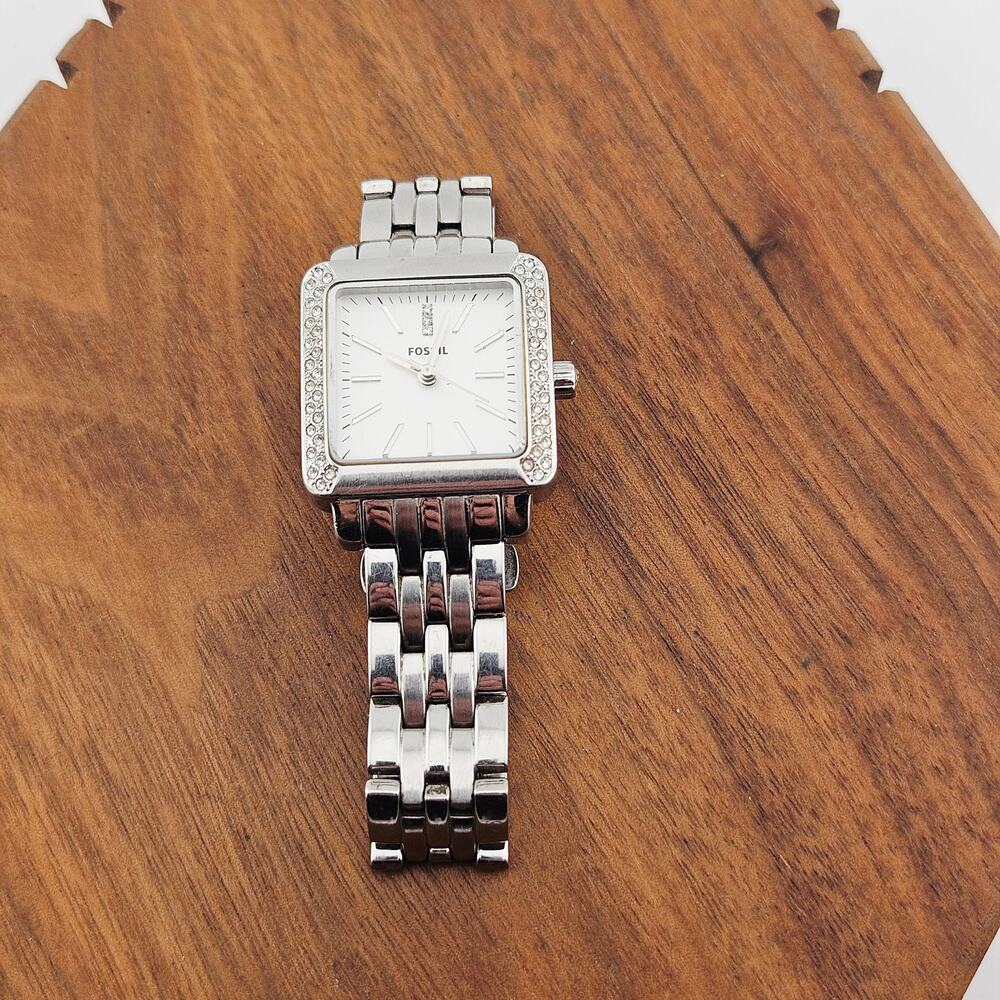 Fossil Silver Tone Crystal Bezel Chunky Watch Square Dial Bling Wide Band ES2615 - Picture 4 of 7